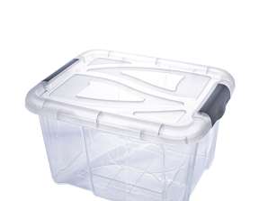 Caja HAMBURG con tapa, 30 L, 26 x 49 x 39 cm, caja/tapa transparente, asas plateadas, PP