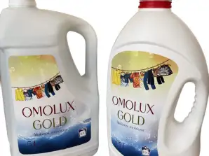 Omolux detergent washing gel in packs of 5 L and 1000 liters.