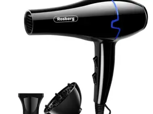 Sèche-cheveux Rosberg R51100KD, 2000W, 2 vitesses, 3 niveaux, Diffuseur, Noir