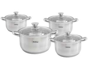 Set of Cooking Pots Rosberg R51210L8, 8 pcs, Double Bottom, 1.8-5.8 liters, Induction, Stainless Steel