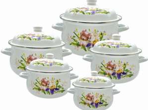 Set de Pots Rosberg R54518D5, 10 pièces, 2,2-6,3 litres, Couvercle en acier, Induction, Blanc avec des fleurs