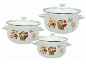 A set of pots Rosberg 54518C3G made of high-quality steel with an enamel coating. Glass lids.
