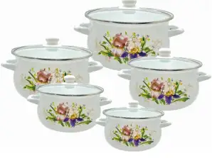 Set of Pots Rosberg R54518D5G, 10 pieces, 2.2-6.3 liters, Enamel, Glass Lid, Induction, White with Colorful Pattern