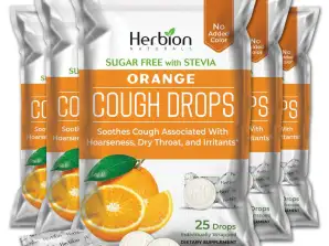 Herbion Naturals hostedråper med appelsinsmak, sukkerfri med stevia, lindrer hoste, for voksne og barn over 6 år - pakke med 5 (125 pastiller)