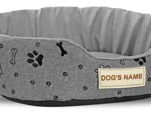 Personalizēta suņu gulta, kas izgatavota no linu + codura sūkļa 50x40 cm pretslīdes melniem kauliem