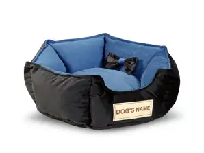 Hundebett 50 cm personalisiert ABNEHMBARER Anti-Rutsch-Velours blau-schwarz