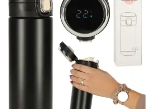 Termālā ūdens pudele ar LED termosu izteku 420ml melna