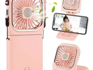 Pink Foldable & Rechargeable 3 Speed Fan, Phone Holder, Power Bank with Neck Strap for Travel Office Home Outdoor (Works up to 8hrs)