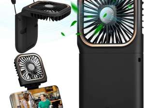 Black Foldable & Rechargeable 3 Speed Fan, Phone Holder, Power Bank with Neck Strap for Travel Office Home Outdoor (Works up to 8hrs)