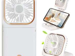 White Foldable & Rechargeable 3 Speed Fan, Phone Holder, Power Bank with Neck Strap for Travel Office Home Outdoor (Works up to 8hrs)