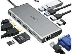 Aukey CB-C78 Multi Hub USB C 12 i 1: Gigabit Ethernet HDMI VGA USB C SD microSD