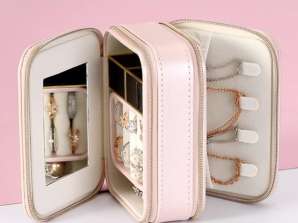 Organizator de bijuterii de călătorie roz cu oglindă, carcasă de bijuterii de călătorie cu fermoar dublu, cutie organizator de călătorie cu bijuterii cu 2 straturi pentru coliere, inele, brățări