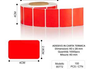 1000 stk rød termisk etikett 40x28mm, 40mm RED farge direkte termisk strekkodeetikett kompatibel med Zebra LP2824 TLP2824 LP2844