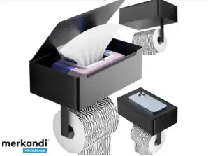 Toilet paper holder with shelf and tissue storage 3in1 black