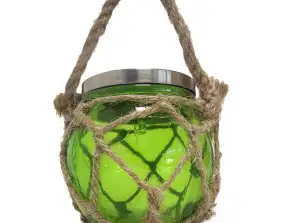 Green glass LED lanterns with solar panel and rope