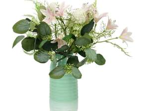 Mint green/white ceramic vases with artifical flowers