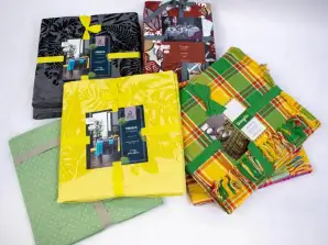Variedade de toalhas de mesa, tecidos e várias cores, disponíveis em três tamanhos