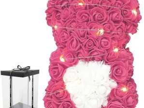 BQ54A TEDDY BEAR WITH ROSES WITH HEART 25CM PINK LED