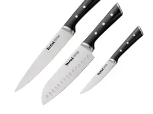 Tefal ICE FORCE Set de 3 Couteaux à Viande et Envoi 20 cm Couteau Santoku 18 cm Couteau utilitaire 11