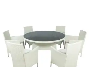 Juego de comedor de exterior Almira 7 piezas Φ140 ratán crema con almohadas