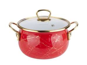 Enamelled saucepan, 22x14cm, 5 liters, golden titanium handles, glass lid including induction, Goldmann, red