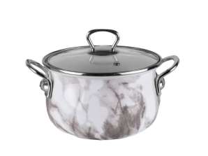 Enamelled saucepan, 22x14cm, 5 liters, chrome handles, glass lid including induction, Goldmann, white/marble