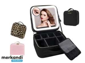 Cosmetic Bag Organizer for Cosmetics Jewelry Trunk with LED Mirror Black