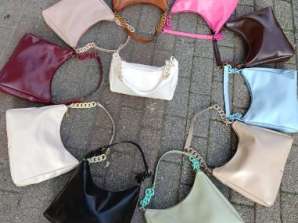 Diverse selection of women's handbags in various model variants and color variants for wholesale from Turkey.