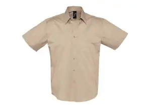 Men's Branded Beige Short Sleeve Cotton Twill Shirts - Bulk Sizes S to 4XL