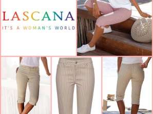 020107 Lascana γυναικείο ριγέ παντελόνι 3/4. Ένα μοντέλο. Χρώματα: ροζ και μπεζ με λευκές ρίγες