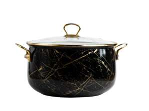 Emaljert kasserolle, 26x16cm, 8.5 liter, gyldne titanhåndtak, glasslokk inkludert induksjon, Goldmann, svart