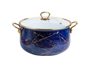 Enamelled saucepan, 24x15cm, 6.2 liters, golden titanium handles, glass lid including induction, Goldmann, blue