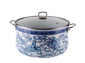 Emaljert kasserolle, 20x13cm, 4 liter, kromhåndtak, glasslokk, induksjon inkludert, Goldmann, blått blomstermønster
