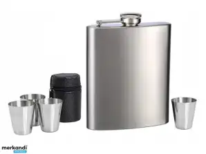 METAL HIP FLASK 240ML TOURIST GLASSES 4PCS 30ML SET