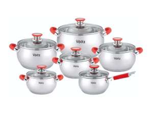 Cooking Pots Set of 12pcs Oliver Voltz OV51210N12, Induction, Silicone Handles, Stainless Steel/Red