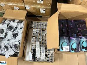 3 pallets of electronics NEW GOODS: DUNMOON wireless headphones, Universal remote controls for SAMSUNG MALATEC TV, IZOXIS Quick Charge universal chargers