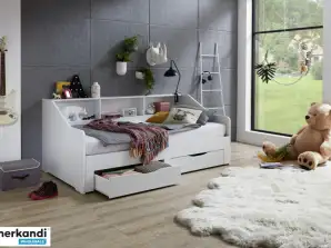 Functional bed RENE extendable from 90 to 180 x 200 cm, with 2 drawers & shelf, white