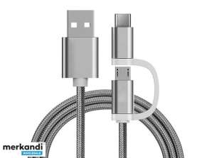 Reekin кабел 2in1 MicroUSB & USB C 1 метър сребърен найлон
