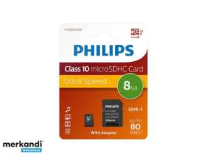 Philips MicroSDHC 8GB CL10 80mb/s UHS-I + adapteris mažmeninė prekyba