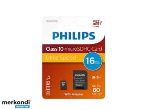 Philips MicroSDHC 16GB CL10 80mb/s UHS-I + adapteris mažmeninė prekyba