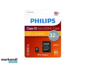 Philips MicroSDHC 32GB CL10 80mb/s UHS-I + adapteris mažmeninė prekyba