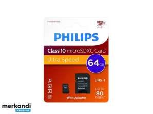 Philips MicroSDXC 64GB CL10 80mb / s UHS-I + Προσαρμογέας λιανικής