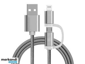 Reekin 2 in 1 charging cable (USB Micro & Lightning) - 1.0 meter (silver nylon)