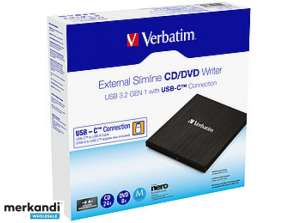 Grabadora de DVD Verbatim, USB 3.2, A-C, 8x/6x/24x, Slimline Portable, Schwarz