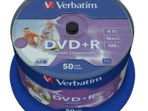 DVD R 4.7GB Verbatim 16x Mürekkep Püskürtmeli beyaz Tam Yüzey 50er Cakebox 43512