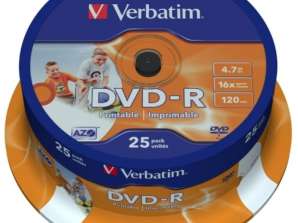 DVD R 4.7GB Verbatim 16x Mürekkep Püskürtmeli beyaz Tam Yüzey 25er Kek Kutusu 43538