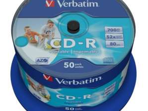 CD R 80 Verbatim 52x DLP Blekkskriver hvit Full overflate 50 stk Cakebox 43438