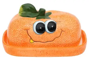 Keramická maslová miska ako pomaranč / mandarínka v oranžovej farbe, rozmery D/Š/V: 16.5 x 11 x 10 cm.