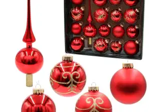 Ozdoby na vánoční stromeček Lauscha - sada 16 ozdob včetně 1 skleněné koruny na stromeček, ručně zdobené, červená matná a lesklá, 6,7 a 8 cm, se zlatou korunkou