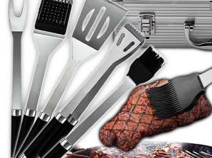 GRILL Accessories Set of Tongs Stainless Steel Utensils Case 5in1 BBQAS-PLUS